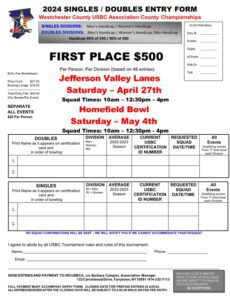 2024 SINGLES / DOUBLES ENTRY FORM Westchester County USBC Association County Championships